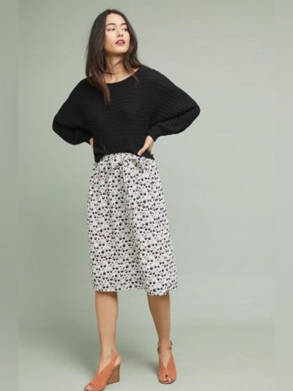 Anthropologie Porridge Getaway Faces Print Midi Skirt L Black White